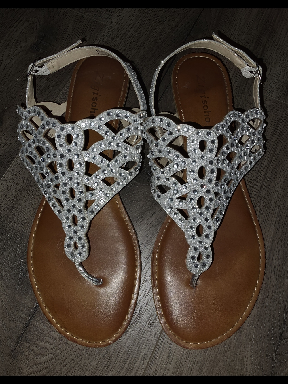 Women's Silver Embellished T-Strap Sandals